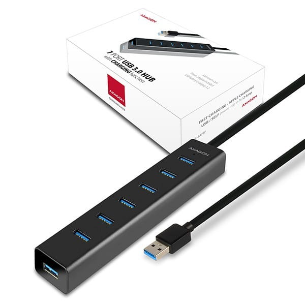 AXAGON HUE-SA7BP Hub 7-portowy USB 3.2 GEN 1 aluminum charging hub, AC adapter