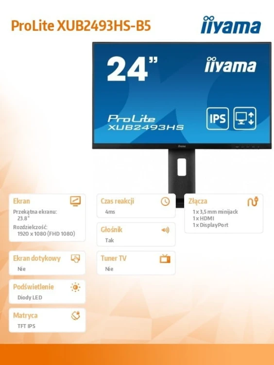 IIYAMA Monitor 23.8 cala XUB2493HS-B5 IPS.HDMI.DP.2x2W.HAS(150mm)
