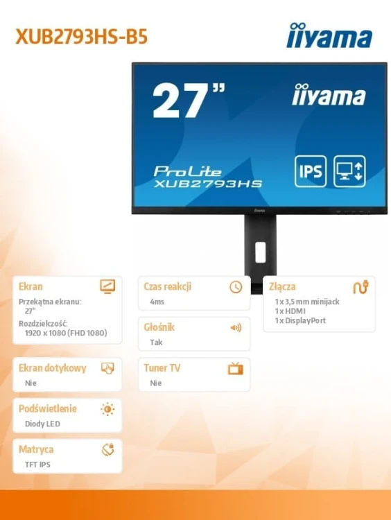 IIYAMA Monitor 27 cali XUB2793HS-B5 IPS,FHD,HDMI,DP,2x2W,HAS(150mm),300cd