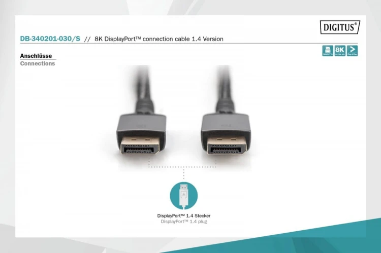 Digitus Kabel połączeniowy PREMIUM DisplayPort 8K60Hz UHD DP/DP M/M 3m Czarny
