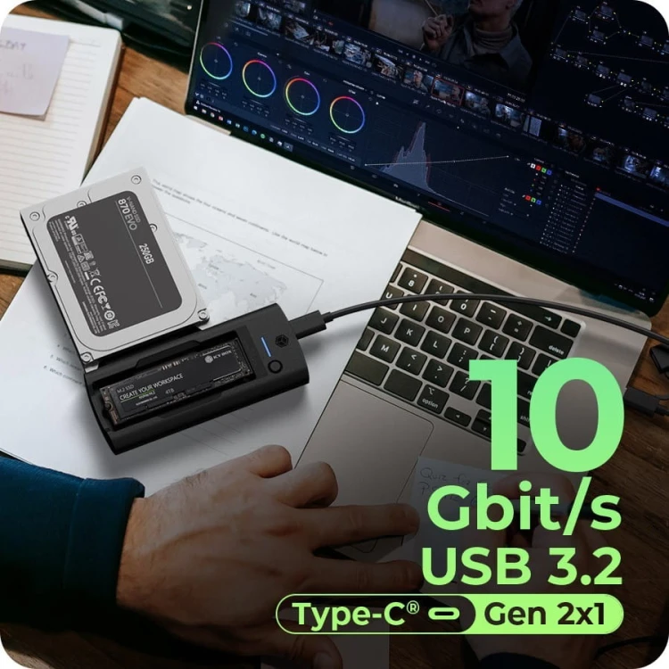 IcyBox Stacja dokująca IB-180MS-C31 SSD Docking 1x 2,5"/3,5" &amp; 1x M.2 PCIe NVMena USB 3.2 Gen 2 10 Gbit/s