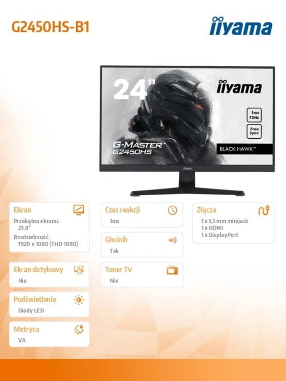 IIYAMA Monitor 23.8 cala G2450HS-B1 VA,FHD,75Hz,1ms,Freesync,HDMI,DP,2x2W