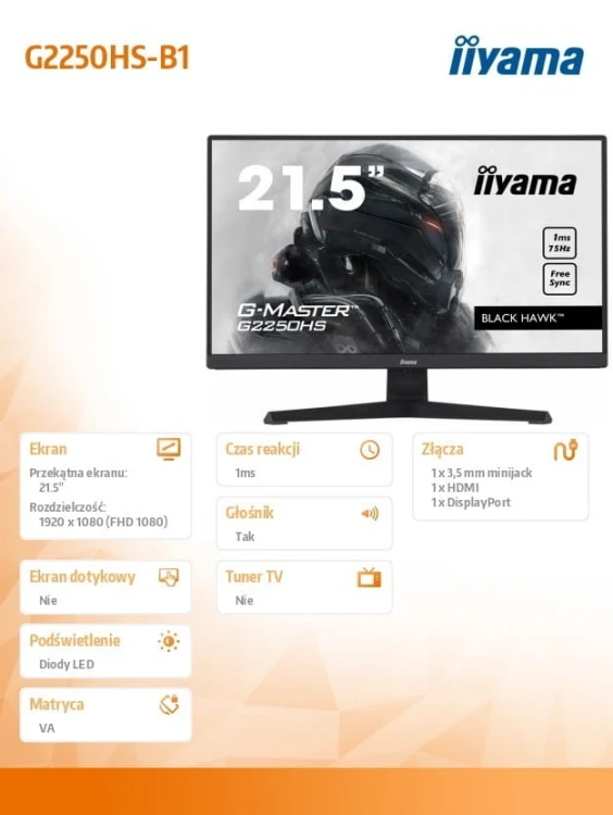 IIYAMA Monitor 21.5 cala G-MASTER G2250HS-B1 1ms,HDMI,DP,FSync,2x2W,VA
