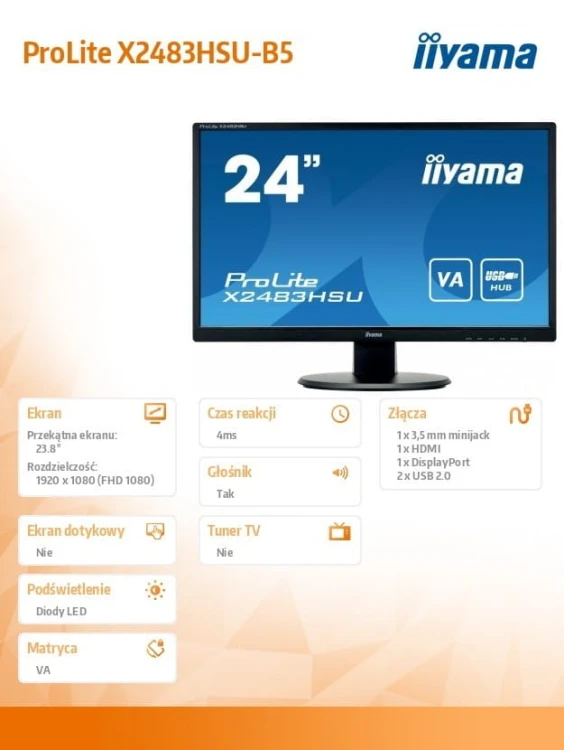 IIYAMA Monitor 23.8 cala X2483HSU-B5 VA,HDMI,DP,USBx2,2x2W,ACR-80M:1