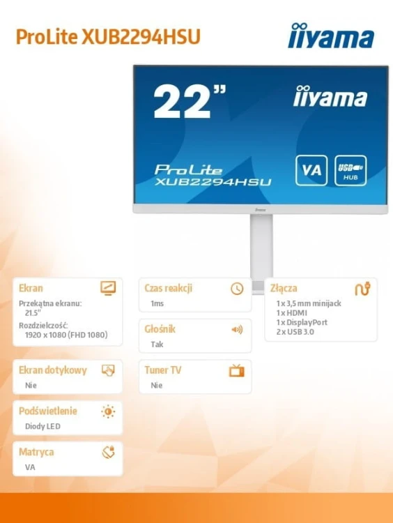 IIYAMA Monitor 21.5 cala XUB2294HSU-W2 VA,FHD,HDMI,DP,HAS(150mm)USB3.0,2x2W