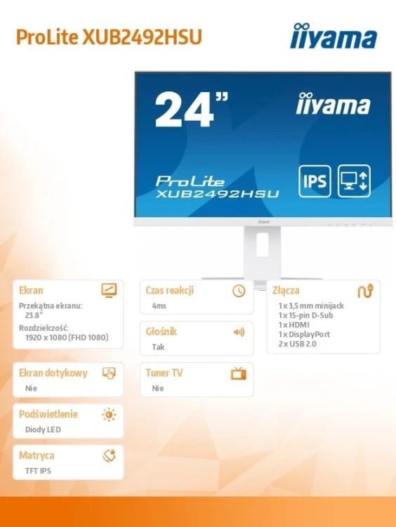 IIYAMA Monitor 23.8 cala XUB2492HSU-W5 IPS,HDMI,DP,VGA,USB,HAS(150mm),biały