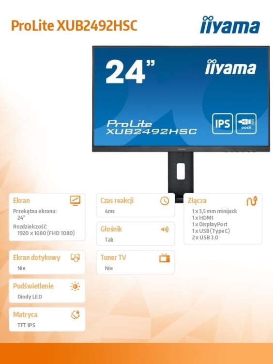 IIYAMA Monitor 24 cale XUB2492HSC-B5 IPS,USB-C,HDMI,DP,USB3.0,HAS(150mm)