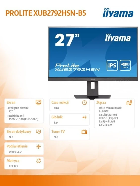 IIYAMA Monitor 27 cali XUB2792HSN-B5 IPS,FHD,HDMI,DP,USB-c Dock,HAS(150mm)
