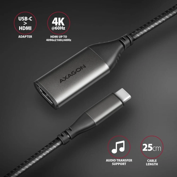AXAGON RVC-HI2M Adapter USB-C -> HDMI 2.0 4K/60Hz Aluminum, 25cm kabel