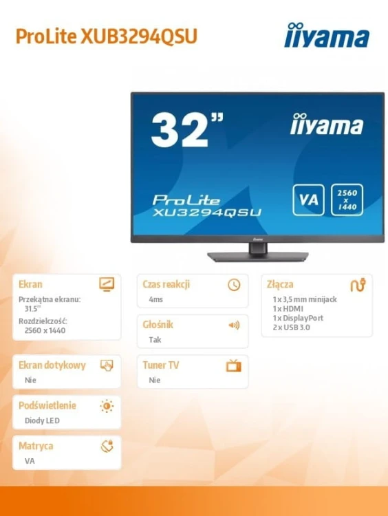 IIYAMA Monitor 31.5 cala XU3294QSU-B1 VA,WQHD,HDMI,DP,USB 3.0,2x2W