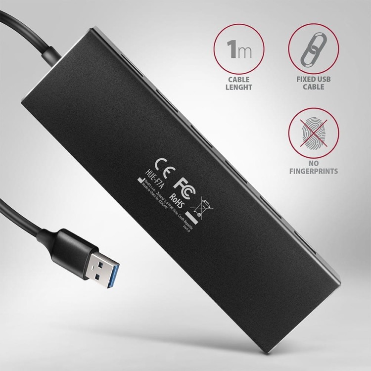AXAGON HUE-F7A Hub 7-portowy USB 3.2 Gen 1 ALU FLAT, micro USB, 1m USB-A kabel
