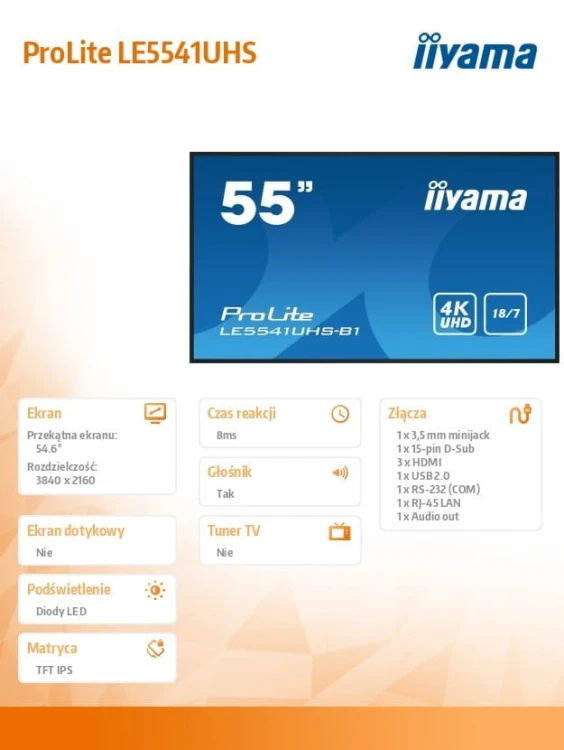 IIYAMA Monitor 55 cali LE5541UHS-B1 IPS,4K,18/7,LAN,USB,HDMI