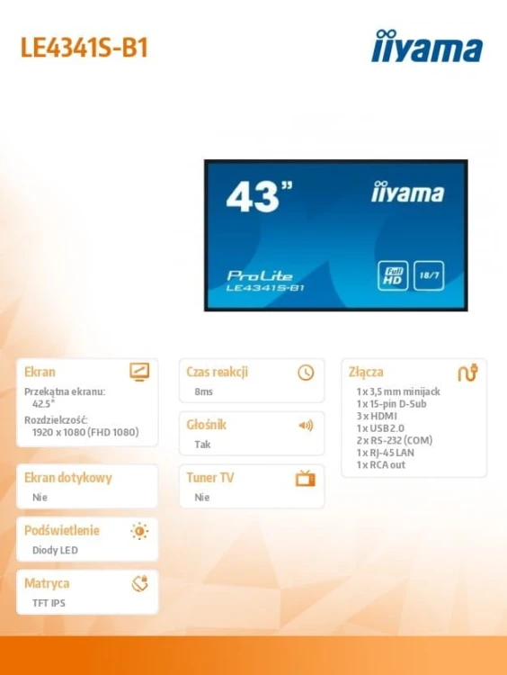 IIYAMA Monitor wielkoformatowy 43 cale LE4341S-B1 IPS,FHD,18/7,LAN,HDMI