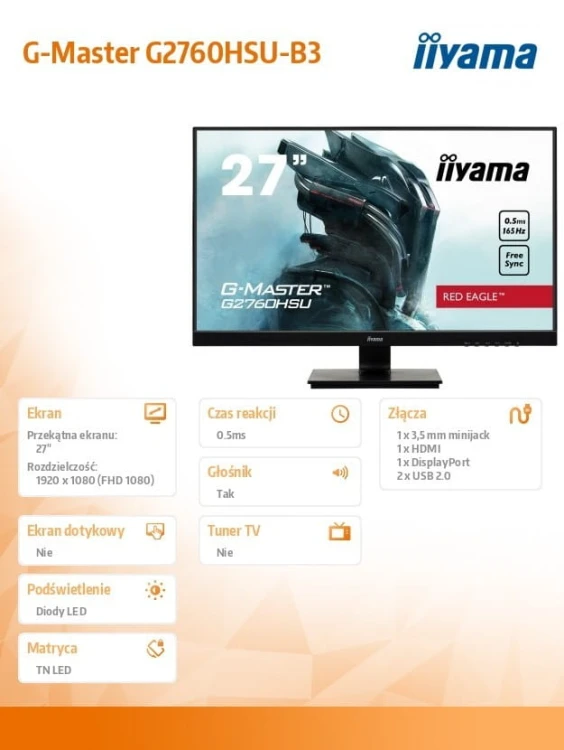 IIYAMA Monitor G-Master 27 cali G2760HSU-B3 TN,165Hz,0.5ms,400cd/m2,HDMI,DP,USB