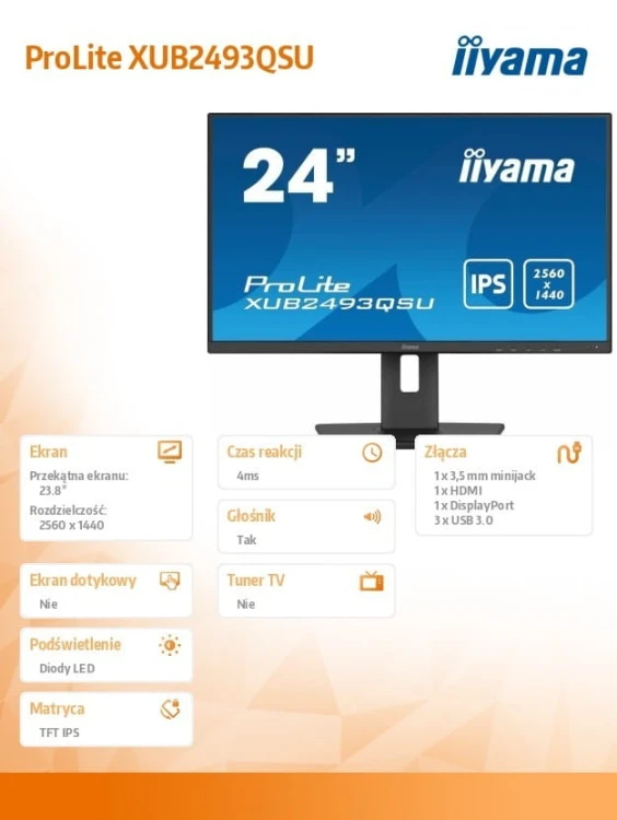 IIYAMA Monitor 23.8 cala XUB2493QSU-B5 IPS,QHD,HDMI,DP,HAS(150mm),2x2W,USB3.0