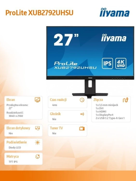 IIYAMA Monitor 27 cali  XUB2792UHSU-B5 4K,IPS,DVI,DP,HDMI,PIP,250cd,USB3.0