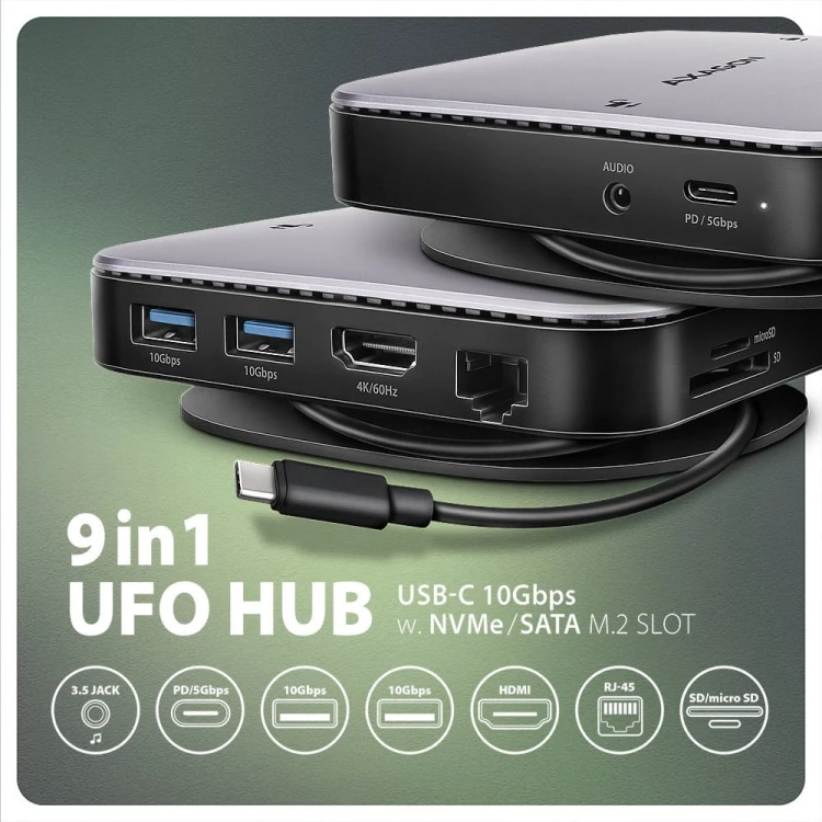 AXAGON HMC-UFO Wieloportowy hub USB 9in1, 10Gbps, 2x USB-A, HDMI 4K/60Hz, M.2 NVMe/SATA, audio, PD 100W, SD/microSD, GLAN, 65cm USB-C kabel