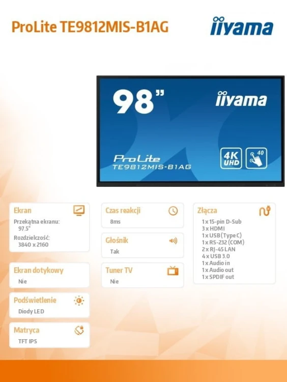 IIYAMA Monitor wielkoformatowy 97.5 cala TE9812MIS-B1AG INFRARED,40pkt,IPS,4K,7H,WiFi