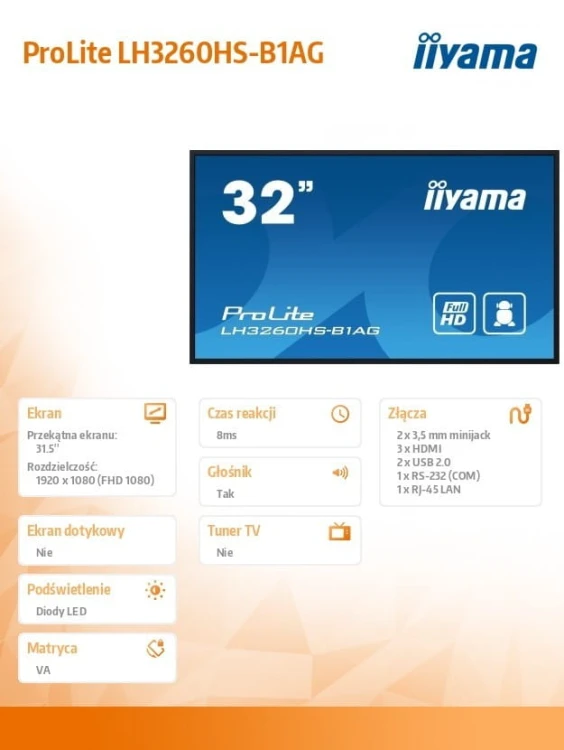 IIYAMA Monitor wielkoformatowy 31.5 cala LH3260HS-B1AG matowy 24h/7  500(cd/m2) VA 1920 x 1080 FHD Android.11 Wifi CMS(iiSignage2)