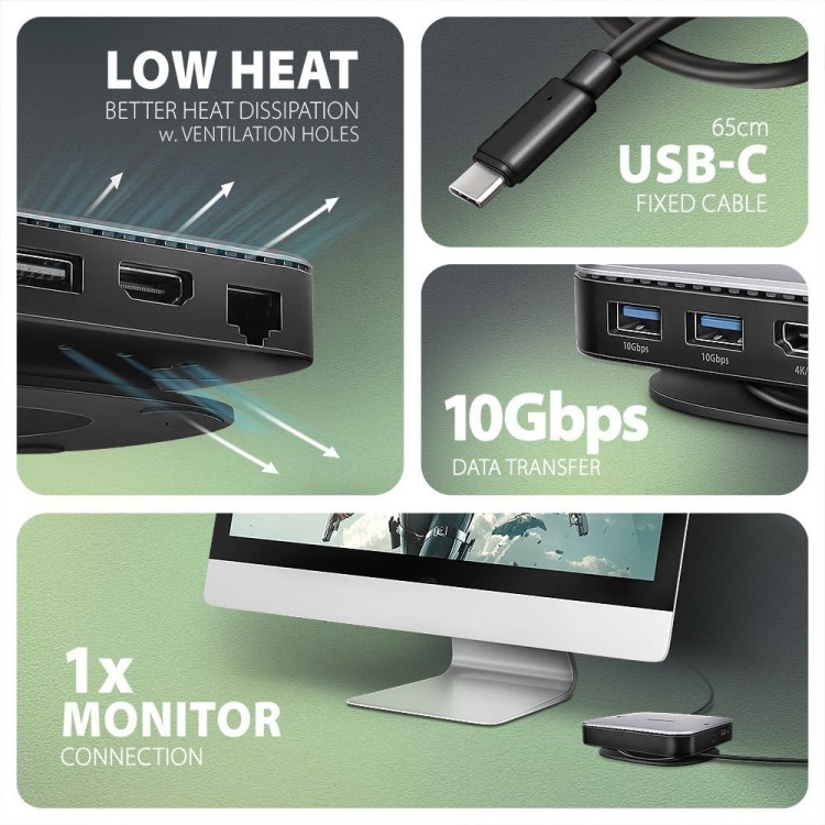AXAGON HMC-UFO Wieloportowy hub USB 9in1, 10Gbps, 2x USB-A, HDMI 4K/60Hz, M.2 NVMe/SATA, audio, PD 100W, SD/microSD, GLAN, 65cm USB-C kabel