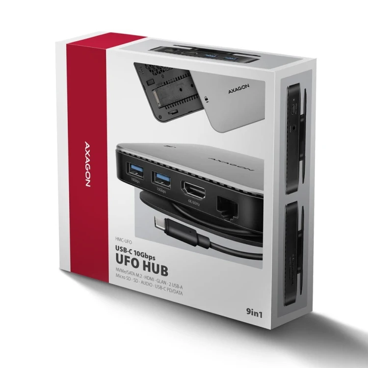AXAGON HMC-UFO Wieloportowy hub USB 9in1, 10Gbps, 2x USB-A, HDMI 4K/60Hz, M.2 NVMe/SATA, audio, PD 100W, SD/microSD, GLAN, 65cm USB-C kabel