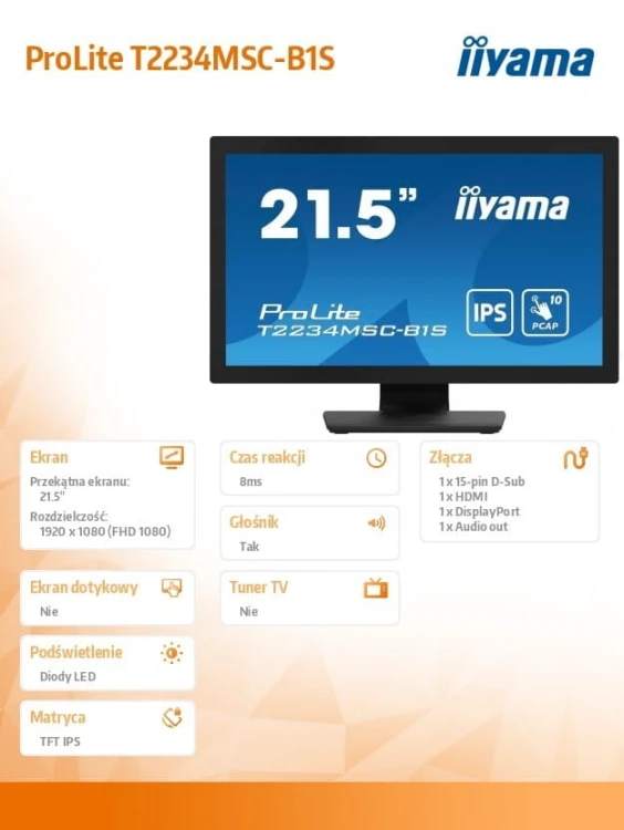 IIYAMA Monitor ProLite  21.5 cala T2234MSC-B1S IPS,10PKT.VGA,HDMI,DP