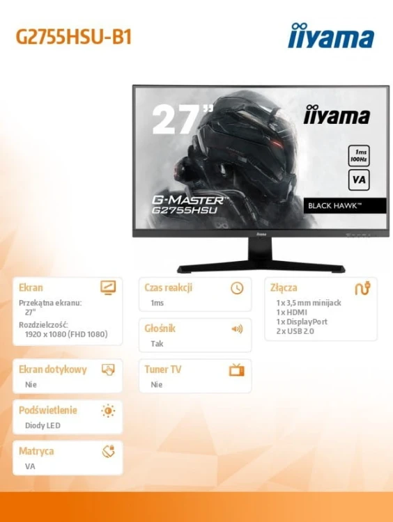 IIYAMA Monitor 27 cali G2755HSU-B1 VA,FHD,100Hz,1ms,HDMI,DP,2xUSB,2x2W
