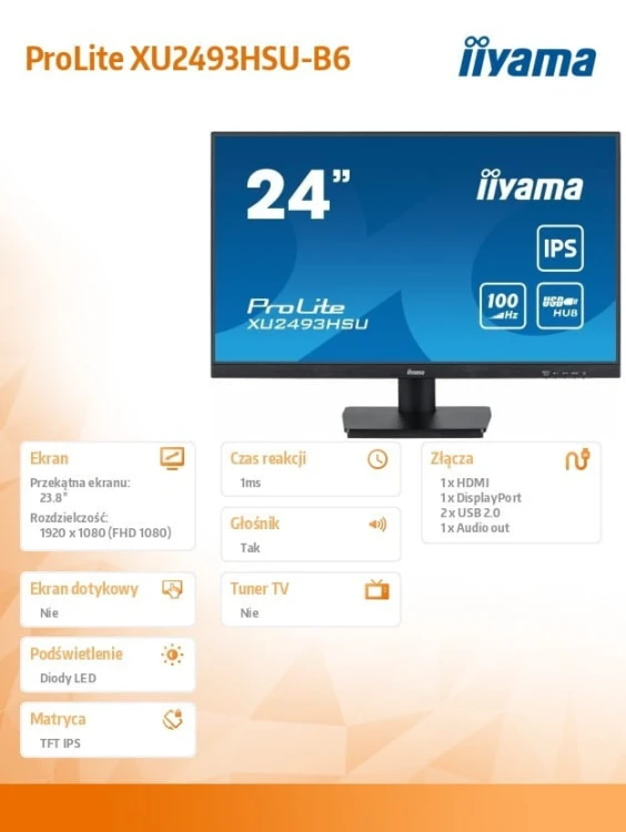 IIYAMA Monitor 23.8 cala  ProLite XU2493HSU-B6 IPS.HDMI.DP.2x2W.USBx2.FHD.SLIM.100Hz