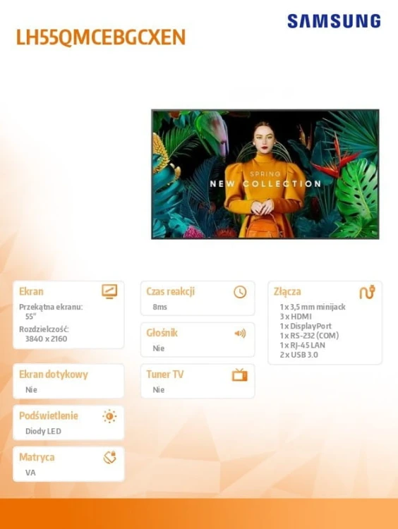 Samsung Monitor profesjonalny QM55C 55 cali Matowy 24h/7 500(cd/m2) 3840 x 2160 (UHD) S10 Player (Tizen 7) WiFi/BT 3 lata On-Site (LH55QMCEBGCXEN)
