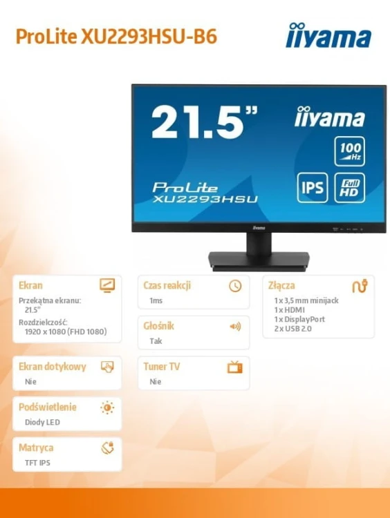IIYAMA Monitor ProLite XU2293HSU-B6 21.5 cala  IPS,100Hz,FHD,1ms,HDMI,DP,2xUSB,2x2W, FreeSync