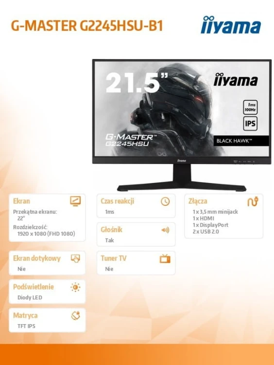 IIYAMA Monitor 22 cale G2245HSU-B1 IPS,FHD,100Hz,1ms,2xUSB,HDMI,DP,2x2W,  FreeSync