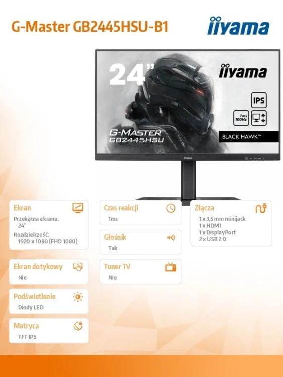 IIYAMA Monitor G-Master 23.8 cala GB2445HSU-B1 IPS,FHD,100Hz,1ms,2xUSB,HDMI,DP,2x2W, FreeSync,HAS(150mm)