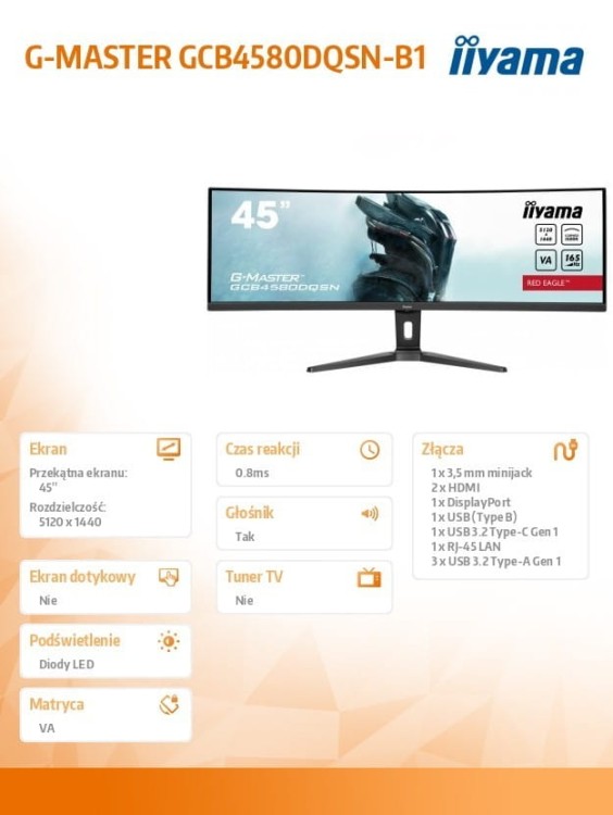IIYAMA Monitor 45 cali G-Master GCB4580DQSN-B1, VA,DQHD,165HZ,USB-C-DOCK,RJ45,32:9,  1500R,450cd/m2,3000:1,0.8ms,3xUSB,2xHDMI,1xDP,2x3W,PowerDelivery-