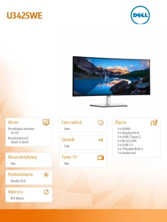 Dell Monitor U3425WE 34.14 cala IPS Black/Curved/120Hz/WQHD/3440x1440/21:9/HDMI/DP/Thunderbolt/USB-C/USB/RJ-45/Speakers/3Y AES&amp;PPG