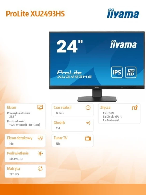 IIYAMA Monitor ProLite 23.8 cala XU2493HS-B6 IPS,HDMI,DP,2x2W,ACR