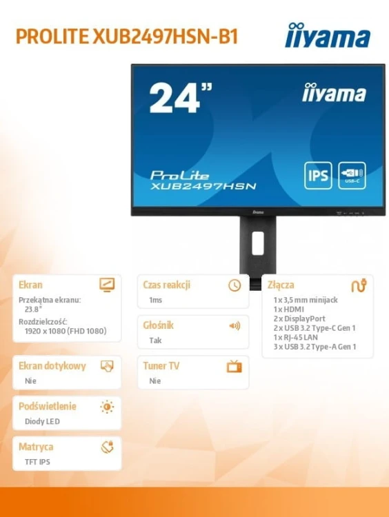 IIYAMA Monitor 24 cale XUB2497HSN-B1 IPS,USB-C Dock,HDMI,DP /5y/
