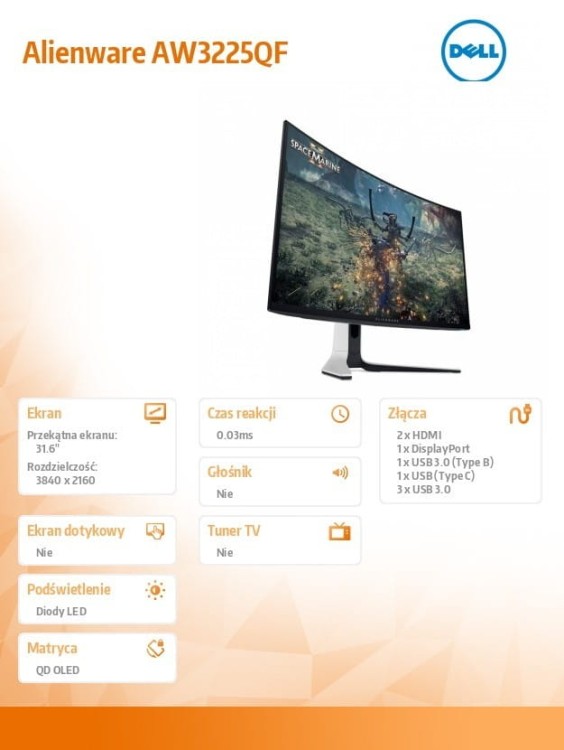 Dell Monitor AW3225QF 31.6 cala Curved NVIDIA G-Sync Compatible 240Hz OLED  4K (3840x2160)/16:9/2xHDMI/5xUSB 3.2/3Y AES&amp;PPE