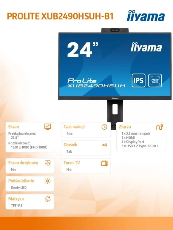 IIYAMA Monitor 24 cale XUB2490HSUH-B1 IPS,FHD,CAM,MIC,HDMI,DP,3xUSB(3.2),  100Hz,250cd,4ms,ADAPTIVE SYNC,FlickerFree,2x2W,WINDOWS HELLO