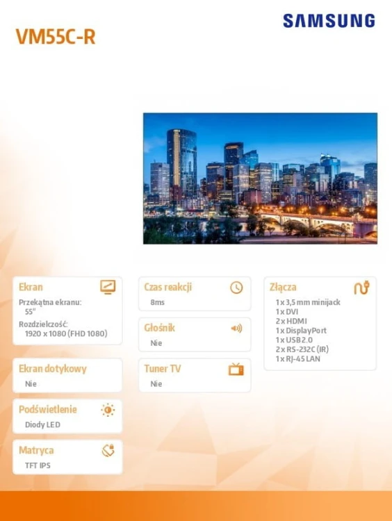 Samsung Monitor profesjonalny VM55C-R 55 cali Video Wall Matowy 24h/7 500(cd/m2) 1920x1080 (FHD) Ramka: 0.44mm(even) 3 lata On-Site (LH55VMCEBGBXEN)