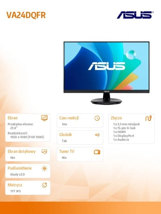 Asus Monitor 24 cale VA24DQFR IPS 100Hz DSUB HDMI DP Głośnik