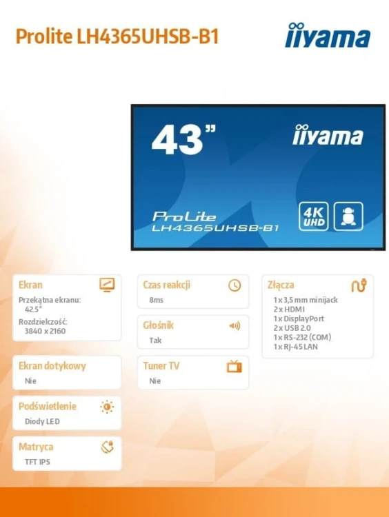 IIYAMA Monitor 43 cale LH4365UHSB-B1 24/7, IPS, ANDROID 11, 4K, 800cd, iiSignage2, SDM, 2x HDMI, DP, 2x USB,2x 10W, RJ45, WiFi, 4/32GB, PION/POZIOM, 4