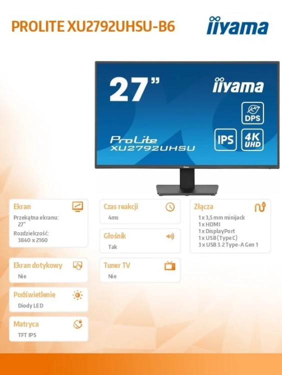 IIYAMA Monitor 27 cali XU2792UHSU-B6 4K,IPS,DP,HDMI,USB-C Power delivery,  350 cd, DPS