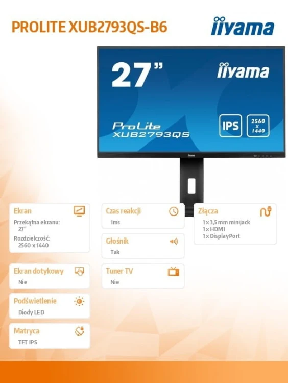 IIYAMA Monitor 27 cali XUB2793QS-B6 IPS,QHD,HAS(150mm),100Hz