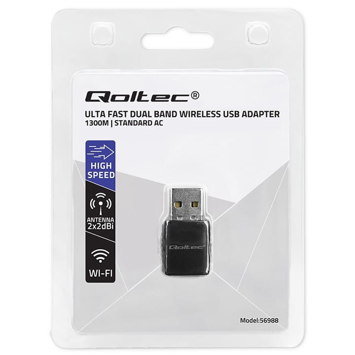Qoltec Adapter bezprzewodowy Ultra szybki DUAL mini WiFi  2 x 2dBi       Standard AC | 1300Mbps