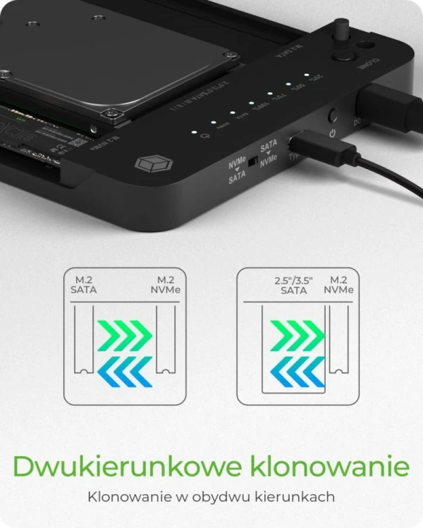 IcyBox Stacja dokująca/klonująca IB-2915MSCL-C31 M.2  dla M.2 0NVMe i SATA 2,5/3,5 SSD/HDD