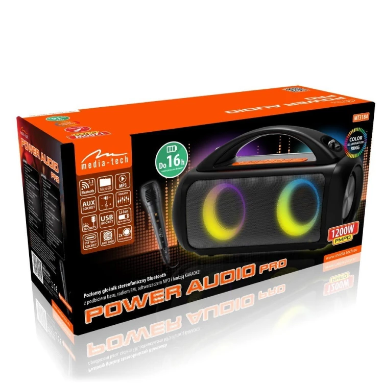 Media-Tech Głośnik POWER AUDIO PRO MT3184 Karaoke/Bluetooth 5.3/TWS/MP3/MicroSD/USB/Jack 6.3/AUX/Equalizer/USB-C/IPX5/RGB/16h/RMS 60W/PMPO 1200W