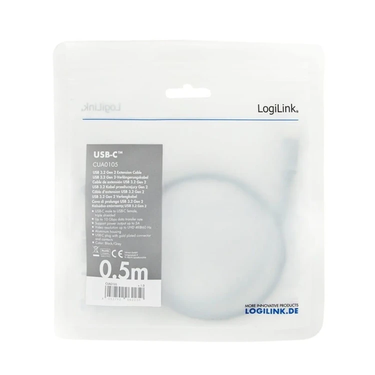 LogiLink Kabel USB-C M/F,4K/60Hz aluminiowy 0.5m