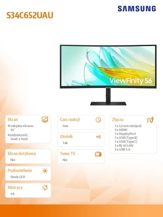 Samsung Monitor 34 cale ViewFinity S65UA VA 3440x1440 UWQHD 21:9 1xHDMI 1xDP 1xUSB-C(90W) 3xUSB 3.0 LAN (RJ45) 5ms 100Hz HAS+PIVOT zakrzywiony głośnik