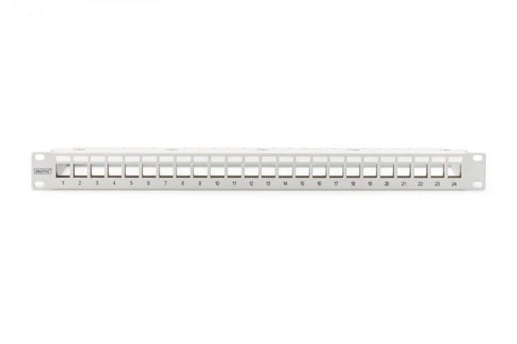 Digitus Panel krosowy (patch panel) modularny 19" 24 porty pod moduły keystone, 1U, ekranowany, prowadnica kabli, pola opisowe, szary