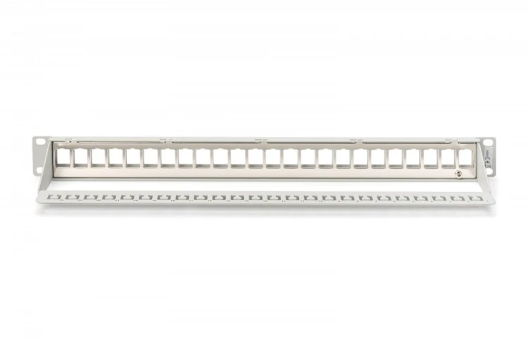 Digitus Panel krosowy (patch panel) modularny 19" 24 porty pod moduły keystone, 1U, ekranowany, prowadnica kabli, pola opisowe, szary